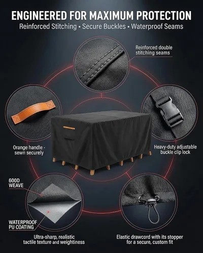 Vista 6 de Cubierta impermeable para muebles de exterior, juego de mesa y silla rectangular de 600D resistente de 64 pulgadas de ancho x 52 pulgadas de largo x
