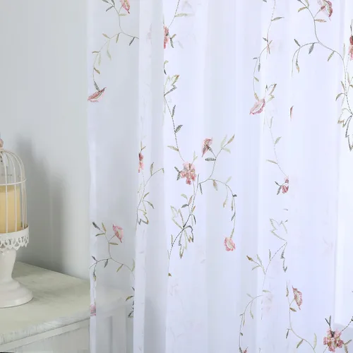 Vista 8 de Taisier Home Cortinas Traslúcidas Blancas Florales con Estampado de Flores y Bordado de Enredaderas para Dormitorio, Cortina con Bolsillo