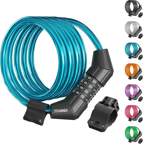 Vista 13 de Titanker Cable de bloqueo de bicicleta, bloqueo de cable de bicicleta de 4 pies, bloqueo de bicicleta autoenrollable básico para niños, combinación