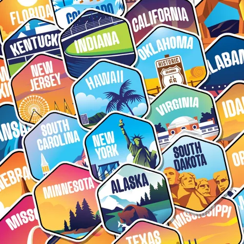 Vista 4 de Let's Wander Calcomanías de los 50 Estados de EE.UU. – Calcomanías laminadas con impresión UV resistentes a la intemperie e impermeables