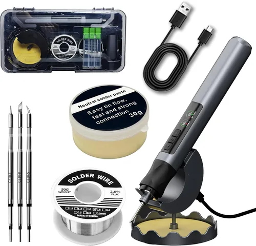 Vista 7 de 908B - Kit de soldador azul de 60 W, herramienta de soldadura de temperatura ajustable con 5 puntas intercambiables y soldadura, calentamiento