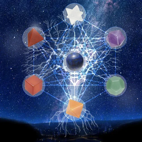 Vista 5 de Top Plaza Kit de 7 cristales curativos de chakras, geometría sagrada, cristales sólidos platónicos, juego de piedras pulidas de Reiki, decoración
