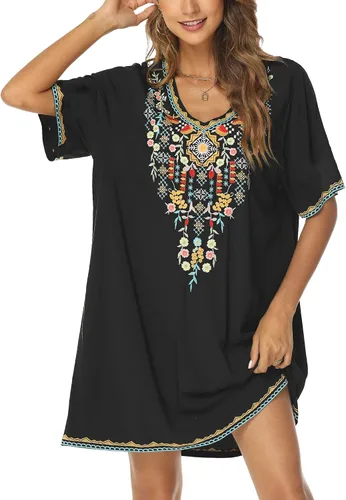 Vista 5 de Grosy Vestidos bordados de campesino mexicano para mujer vestido bohemio de fiesta de talla grande para mujer túnica tradicional floral bohemia