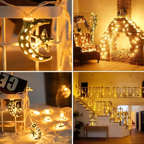 Vista 4 de Vigdur Guirnalda de luces de Ramadán – 20 luces LED Eid Mubark Luna Star Fairy Lights funciona con pilas con temporizador, luz de decoración Ramanda