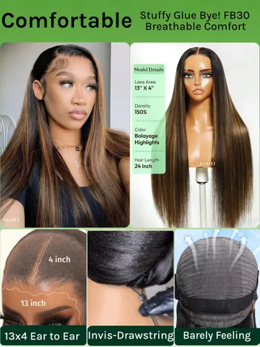 Vista 4 de KLAIYI Pre Everything™ Yaki - Pelucas de cabello humano lacio Yaki sin pegamento con reflejos degradados, color marrón balayage, encaje frontal