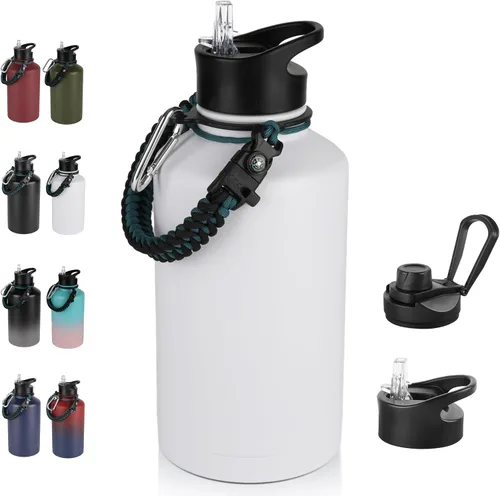Vista 94 de Botella de agua aislada de 64 onzas con tapas de pajita y boquilla, jarra de agua de acero inoxidable de medio galón con mango de paracord, vacío