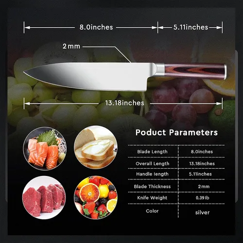 Vista 3 de Pro Kitchen - Cuchillo de chef de acero inoxidable alemán de alto carbono, mango ergonómico, ultra afilado para cocina y restaurante