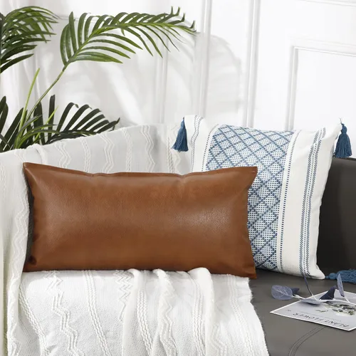 Vista 4 de PANOD Fundas de Almohada Lumbar Largas 12 x 22, Fundas de Almohada Lumbar Largas Decorativas de Cuero Sintético Funda de Almohada para Cama Sofá