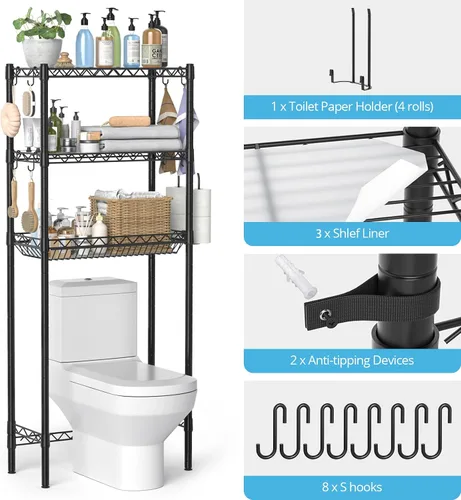 Vista 4 de Hodonas Estante de almacenamiento sobre el inodoro, organizador de baño ajustable con soporte para papel higiénico y 8 ganchos, 3 niveles de metal