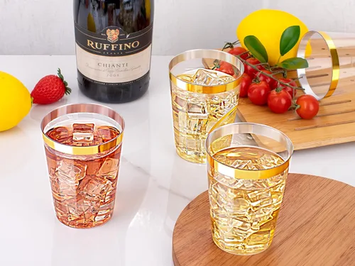 Vista 8 de Ciaell 120 vasos de plástico dorados, vasos de plástico transparente resistentes de 10 onzas con borde dorado, vasos desechables con borde dorado