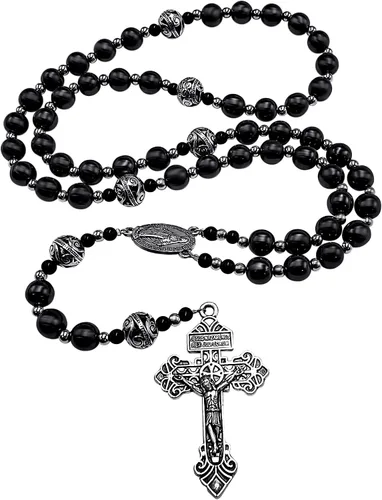 Vista 3 de Nazareth Store Pardon Hematite - Rosario para hombre cuentas negras de acero inoxidable medalla milagrosa y cruz de nuestro padre 20 pulgadas