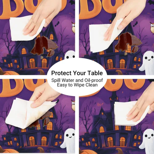 Vista 4 de Mantel redondo ajustable de Calabaza Castillo Boo de Halloween con borde elástico, cubierta de mesa impermeable limpiable lavable de Halloween