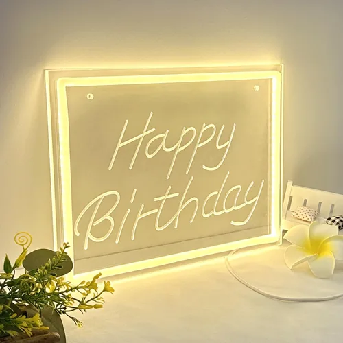 Vista 4 de Letrero de neón LED de feliz cumpleaños de 11.8 x 8.3 pulgadas, luz de neón regulable blanca cálida, decoración de pared alimentada por USB