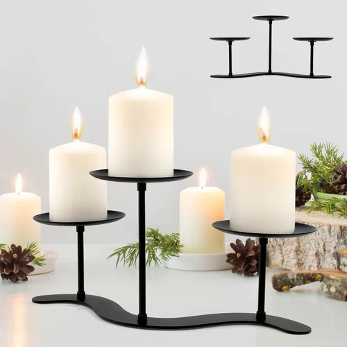 Vista 10 de Candelabro ajustable de metal de 5 pilares, color negro mate Weighted Iron Base Prevents Wobbling, Fast 3-minute assembly, Elegant Matte Black