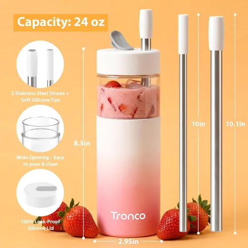 Vista 2 de Tronco Vaso de vidrio de 24 onzas con tapa y popote, taza de café helado, taza de batido con tapa de silicona para té Boba, hogar, oficina, viajes