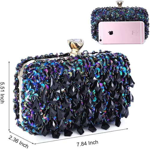 Vista 8 de UBORSE Bolso de noche con lentejuelas brillantes de diamantes de imitación para mujer, estilo vintage, con cuentas de cristal, para cóctel, fiesta