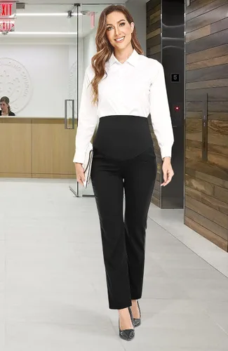 Vista 4 de PACBREEZE Pantalones de maternidad para mujer, para el trabajo, embarazo, casual, elásticos, rectos, con bolsillos