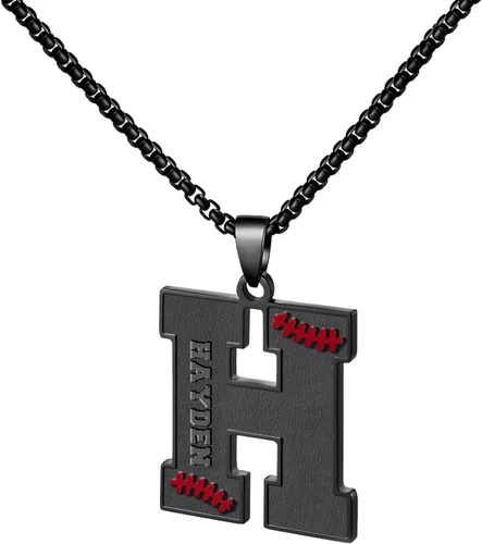 Vista 70 de Ldurian Collar personalizado con nombre de béisbol, cadena negra de acero inoxidable, collar con nombre deportivo, letra A-Z de 24 pulgadas, regalos