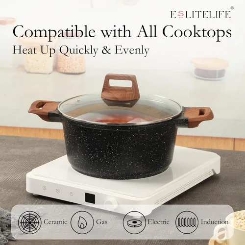 Vista 4 de ESLITE LIFE - Olla antiadherente con tapa, 3 cuartos de galón, olla de granito pequeña para sopa y pasta, compatible con inducción, libre de PTFE