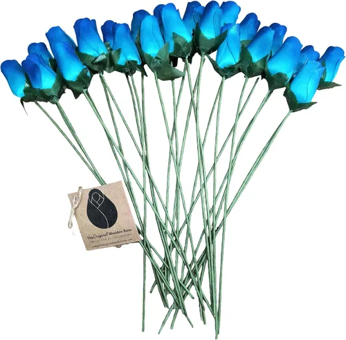 Vista 2 de 24 rosas de madera individuales azules con puntas azul oscuro
