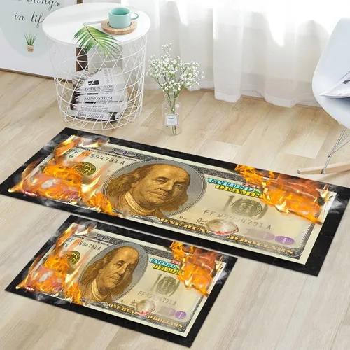Vista 41 de GUBIYU Juego de 2 alfombras y tapetes de cocina color beige y dorado para billetes de 100 dólares, alfombra divertida y fresca para baño