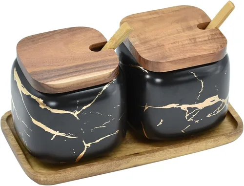Vista 9 de EIMQUVW Juego de 2 tarros de cerámica de mármol para condimentos, cuencos de sal de azúcar y condimentos con tapas de madera, cuchara de madera