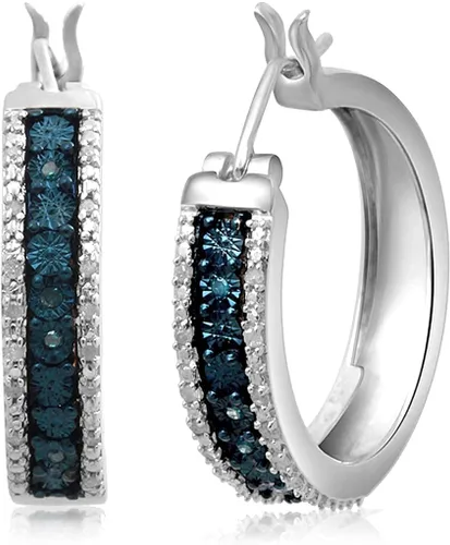 Vista 2 de Jewelili Aretes de aro de plata de ley con diamantes redondos azules y blancos naturales tratados, 110 quilates, Metal, diamante azul