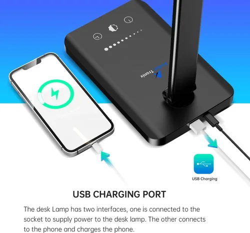 Vista 3 de Lámpara de escritorio LED Ambertronix con puerto de carga USB, luz de escritorio regulable para lectura y cuidado de los ojos para el hogar, con 5