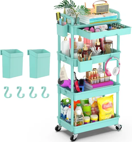 Vista 10 de Goovilla Organizador de carrito utilitario de 3 niveles con cajón extraíble, carritos de almacenamiento rodantes negros estables y resistentes con 2