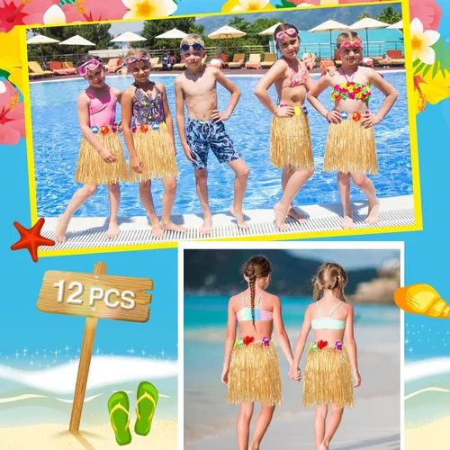 Vista 4 de 12 faldas hawaianas de hierba hula para niños para fiesta Luau, cumpleaños, vestido de graduación, espectáculos festivos, fiesta de celebración
