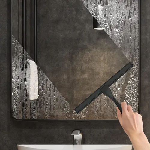 Vista 4 de Escobilla de ducha multiusos de acero inoxidable para puertas de ducha con 2 ganchos adhesivos, herramienta de limpieza de baño, escobilla de espejo
