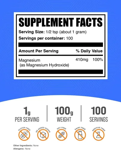 Vista 2 de BulkSupplements. com Polvo de hidróxido de magnesio – Suplemento de hidróxido de magnesio – Grado alimenticio y sin gluten, 0.04 oz por porción, 100