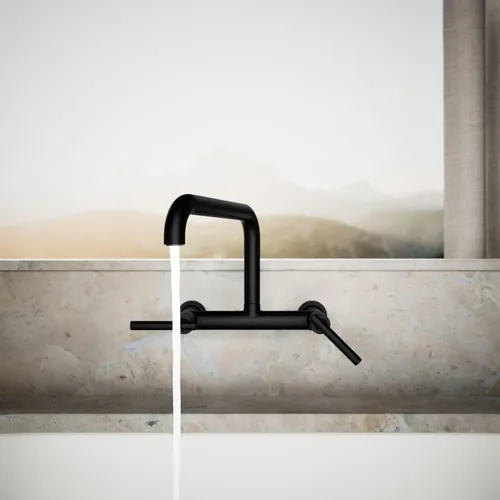Vista 4 de KOHLER Purist Grifo de fregadero de cocina de dos agujeros para montaje en pared con boquilla de 13-7/8 pulgadas, negro mate