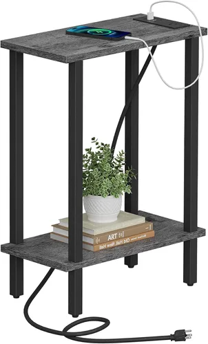 Vista 26 de TUTOTAK - Mesa auxiliar pequeña con estación de carga; mesa lateral estrecha con puertos USB y tomas de corriente; mesa de sofá delgada; mesita