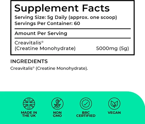 Vista 2 de Love Life Supplements Creavitalis® creatina monohidrato en polvo 10.58 oz, 60 porciones, micronizado, sin sabor, vegano, crecimiento muscular