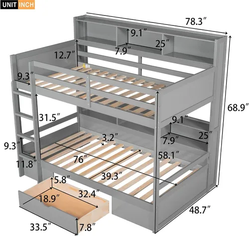 Vista 2 de Litera moderna de madera con cajón, literas individuales sobre individuales con estantes integrados junto a la cama superior e inferior, marco