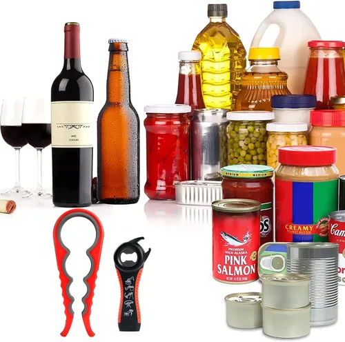 Vista 5 de Abridor de botellas para manos débiles, kit de abrebotellas multifunción 5 en 1 con mango de silicona, fácil de usar para niños, ancianos y personas