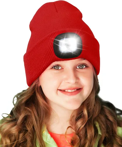 Vista 10 de Gorro LED para Niños, Unisex Gorro con Linterna Frontal Recargable de Invierno con Luz Nocturna, Regalos para Niños y Niñas Naranja