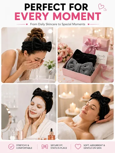 Vista 4 de Diadema para lavar la cara, 6 unidades (negro y gris) Pulseras de spa de secado rápido absorbente para la cara para mujer