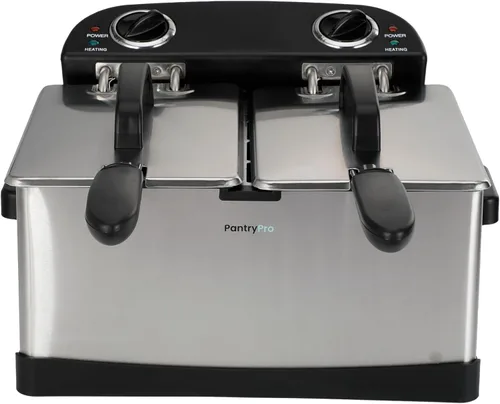 Vista 2 de PantryPro Freidora eléctrica de acero inoxidable de 4 litros/4.2 cuartos de galón, 1800 W, control de temperatura doble, 2 canastas, filtro de olor
