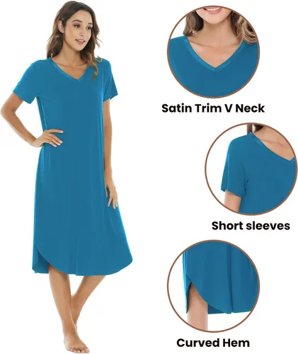 Vista 4 de NACHILA Camisones para mujer, viscosa hecha de bambú, cuello en V, manga corta, ropa de dormir fresca