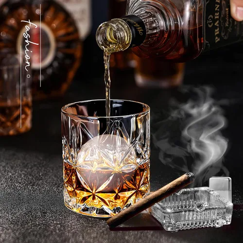 Vista 4 de Juego de 2 Vasos de Whisky de 11 OZ, Vasos Old Fashioned con 2 Moldes para Bolas de Hielo, Vasos de Bourbon y Scotch, Vasos Rocks y de Cóctel, Vasos