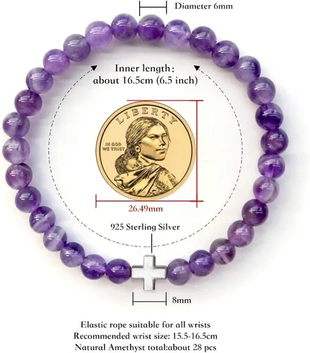Vista 6 de Positive Lady Pulsera de amatista natural de 16.5 pulgadas con plata de ley 925 con alas de ángel cruzadas de cuatro hojas, corazón de trébol