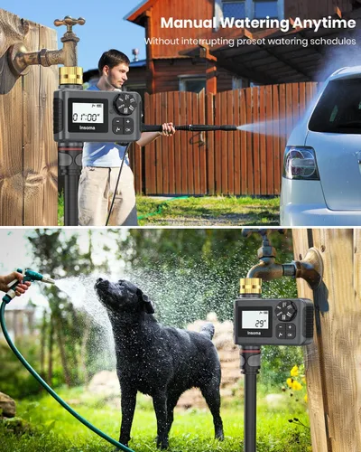 Vista 4 de 2 PCS Temporizador de Agua con Entrada de Latón, Temporizador de Aspersor de Agua con Retardo de Lluvia/Manual/Automático Riego por Goteo y Sistema