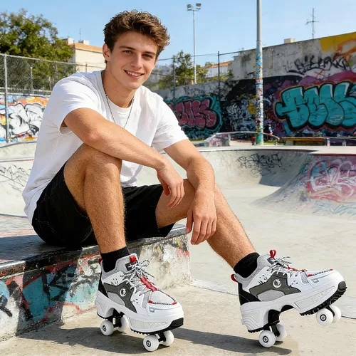 Vista 3 de 2-in-1 Roller Skates with Retractable 4 Wheels and Pop-Out Design Deformation Sneakers for Outdoor Sports Activities Unisex Adjustable Shoes