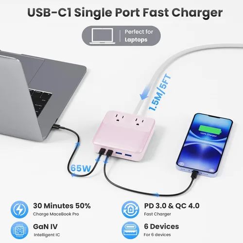 Vista 10 de Estación de carga de 135W con tira de alimentación USB C, bloque cargador USB C GaN 6 en 1 con enchufe y cable de 5 pies, 2 AC, 2 USB-A, 2 USB-C