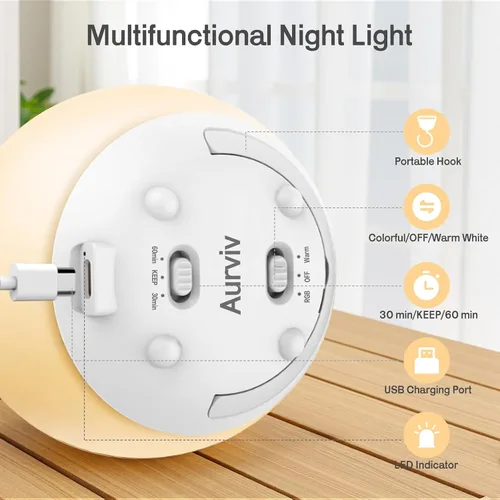 Vista 5 de Luz nocturna para bebé, luz nocturna recargable con control táctil con atenuación continua y cambio de color 7 RGB, luz suave y portátil para huevos