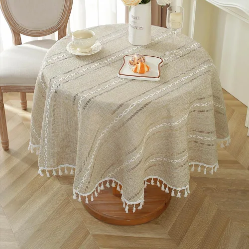 Vista 17 de meioro Mantel rústico, mantel rectangular de algodón texturizado de lino con borla, mantel de tela resistente para granja con bordado de rayas