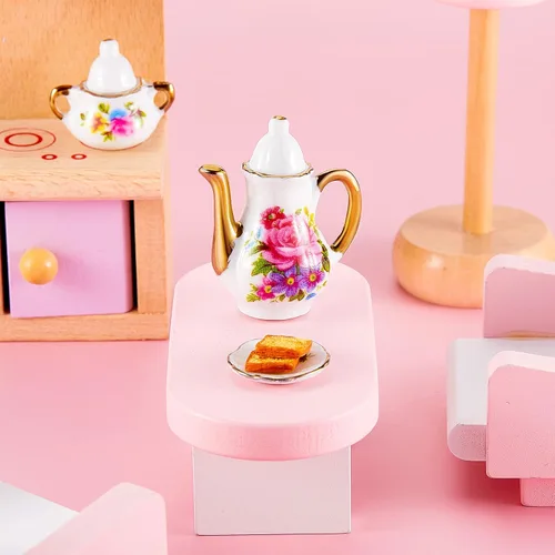 Vista 3 de Skylety Juego de tazas de té para casa de muñecas 1:12, accesorios de porcelana en miniatura, 8 piezas de porcelana en miniatura, diseño de flores