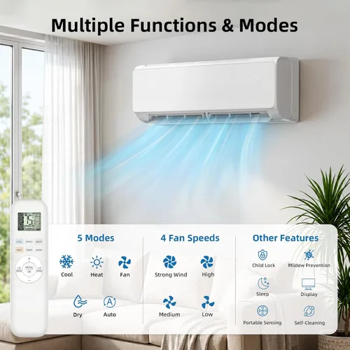 Vista 4 de Sistema de calefacción mini split de 9000 BTU, aire acondicionado mini split de 19 SEER2 de bajo ruido, unidad de CA de montaje en pared, enfría